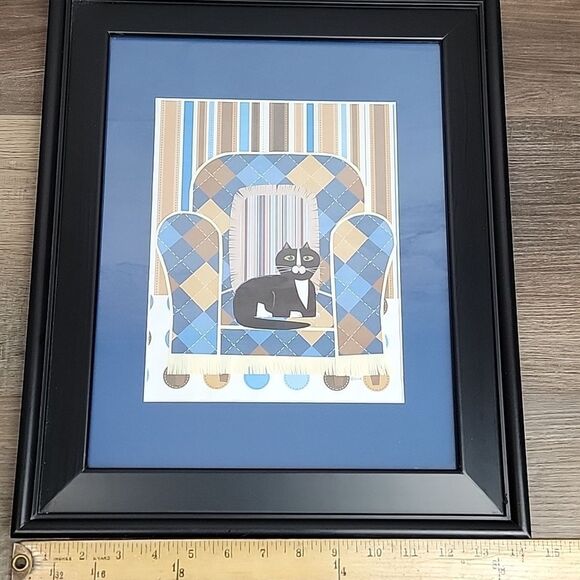 Handmade Papercraft Framed Cat Art Original with Blue and Brown Accents 14"X17" - Picture 5 of 6